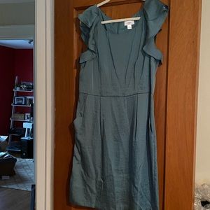 LOFT Teal Knee-Length Dress with Ruffle Details